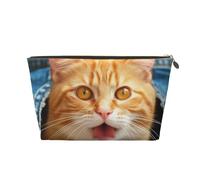 VTCTOASY Trousse de maquillage pour femme, chat orange qui sort de la langue, trousse de maquillage de voyage de grande capacité, sac de rangement de maquillage portable en cuir synthétique, trousse