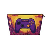 VTCTOASY Trousse de maquillage pour femme Game over sur fond violet - Grande capacité - Portable - En cuir synthétique - Étanche - Jolie trousse de toilette esthétique à fermeture éclair, doré, Taille