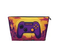 VTCTOASY Trousse de maquillage pour femme Game over sur fond violet - Grande capacité - Portable - En cuir synthétique - Étanche - Jolie trousse de toilette esthétique à fermeture éclair, Argenté.,
