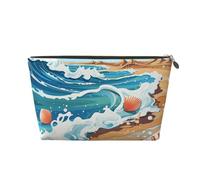 VTCTOASY Trousse de maquillage pour femme - Motif coquillages et vagues - Grande capacité - Portable - En cuir synthétique - Imperméable - Jolie trousse de toilette esthétique avec fermeture éclair,