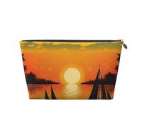 VTCTOASY Trousse de maquillage pour femme - Motif coucher de soleil avec bateau - Grande capacité - Portable - En cuir synthétique - Étanche - Jolie trousse de toilette esthétique à fermeture éclair,