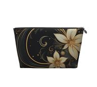 VTCTOASY Trousse de maquillage pour femme - Motif doré sur fond noir - Grande capacité - Portable - En cuir synthétique - Étanche - Jolie trousse de toilette esthétique avec fermeture éclair, Argenté,