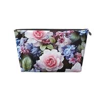 VTCTOASY Trousse de maquillage pour femme - Motif fleurs bleues - Grande capacité - Portable - En cuir synthétique - Étanche - Jolie trousse de toilette esthétique avec fermeture éclair, Argenté, One