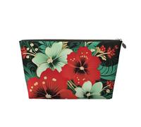 VTCTOASY Trousse de maquillage pour femme - Motif fleurs vertes et rouges - Grande capacité - Portable - En cuir synthétique - Étanche - Jolie trousse de toilette esthétique avec fermeture éclair,