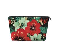 VTCTOASY Trousse de maquillage pour femme - Motif fleurs vertes et rouges - Grande capacité - Portable - En cuir synthétique - Étanche - Jolie trousse de toilette esthétique avec fermeture éclair,