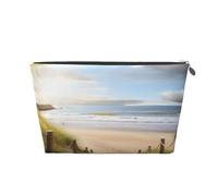 VTCTOASY Trousse de maquillage pour femme - Motif paysage de plage - Grande capacité - Portable - En cuir synthétique - Étanche - Jolie trousse de toilette esthétique avec fermeture éclair, Argenté,