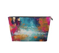 VTCTOASY Trousse de maquillage pour femme - Peinture à l'huile abstraite - Grande capacité - Portable - En cuir synthétique - Étanche - Jolie trousse de toilette - Esthétique - Fermeture éclair, doré,
