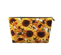 VTCTOASY Trousse de maquillage pour femme - Tournesols sur fond blanc - Grande capacité - Portable - En cuir synthétique - Étanche - Jolie trousse de toilette esthétique avec fermeture éclair, doré,