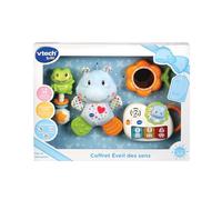 VTech - Coffret Naissance Éveil des Sens Bleu, Premiers Jouets Bébé, Doudou Hippo en Peluche, Piano Lumineux et Interactif, Hochets Grenouille et Miroir, Cadeau Nouveau-Né - Contenu en Français