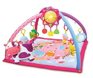 VTech - Lumi Tapis des P'tits Copains Rose, Tapis d'Éveil et de Jeux Musical et Évolutif, Jouet d'Activité et de Développement, Hochets, Peluche Vache, Cadeau de Naissance Bébé - Contenu en Français