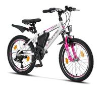 Licorne Bike Guide Vélo de montagne 20", dérailleur à 18 vitesses, suspension de fourche, vélo pour garçons et filles, sac pour cadre, blanc/rose