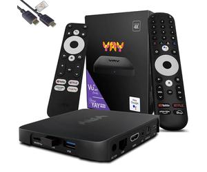 VU+ Yay GO Édition Pro 4K UHD Android TV Box, Android TV 14, Chromecast intégré, Widevine L1, HDCP 2.3, 2 Go DDR3 RAM, 8 Go Flash, BT 4.2, USB 3.0, 1200 Mbit Wi-FI, câble HTS e-com HDMI