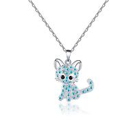 VU100 Collier Chat Bleu Bijoux pour Femme Filles, Pendentif Cristaux 45cm