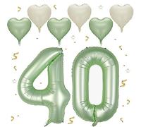 VUCDXOP Lot de 40 ballons en aluminium en forme de chiffre 40 avec confettis, finition métallique, auto-scellant, réutilisable, parfaits pour les fêtes d'anniversaire de 40 ans, vert sauge, unisexe