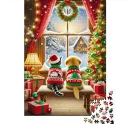 Vue Chien Chat de Noël Set Puzzle 1000 Pièces pour Adolescents, Papier Recy coration Intérieure, Art Mural, Cadeau Couples, Activité Indoor 52x38cm/1000pcs