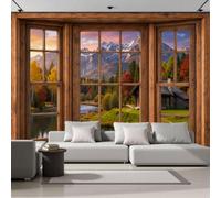 Vue D'Automne Par La Fenêtre Photo Papier Peint 300X210Cm Lacs Forêts Montagnes Vert Olive Papier Peint Panoramique Poster Geant Mural Fresque Murale Intissé Salon Chambre D'Enfant Fond Tv Décor