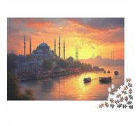 Vue de la Ville au Coucher du Soleil, mosquée colorée se reflétant dans Le Soleil couchant. Puzzle de 1000 pièces pour Adultes et Enfants, Magnifiquement illustré, 52 x 38 cm.