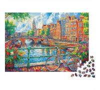 Vue des canaux Amsterdam Casse-tête 1000 Pièces avec Découpe Précise, Jeu De Puzzles en Lot activité Zen pour La Décoration De Bureau, Idée Cadeau Anniversaire 52x38cm/1000pcs