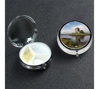 Vue du château de Dunguaire Pilulier 3 compartiments pour sac à main ou poche, petit organisateur de médicaments avec miroir, pilulier de voyage décoratif en métal