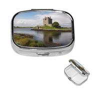 Vue du château de Dunguaire Pilulier carré portable à 2 compartiments pour poche ou sac à main, pilulier hebdomadaire, organiseur décoratif en métal pour médicaments, vitamines, cadeau de voyage