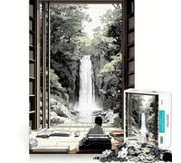 Vue d'une Cascade Depuis la bibliothèque Puzzle Japonais de 1000 pièces pour Adultes Jeu de logique Découpe de précision Bords Lisses pour Les réunions de Famille (50x75cm)