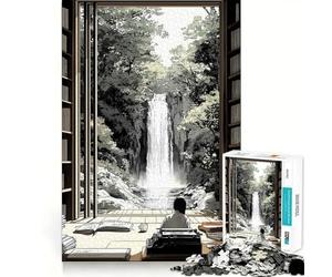 Vue d'une Cascade Depuis la bibliothèque Puzzle Japonais de 1000 pièces pour Adultes Jeu de logique Découpe de précision Bords Lisses pour Les réunions de Famille (50x75cm)