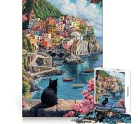 Vue d'une Ville côtière par Un Chat Puzzle Difficile de 1000 pièces pour Adultes Détente et Relaxation Bords Nets Idée Cadeau de Noël (50x75cm)