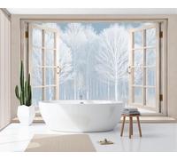 Vue Forêt Bouleaux Hiver Par Fenêtre Photo Papier Peint 250X175Cm Plante Minimaliste Bleu Clair Papier Peint Panoramique Poster Geant Mural Fresque Murale Intissé Salon Chambre D'Enfant Fond Tv Décor