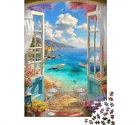 Vue Mer Méditerranée Casse-tête Art Fenêtre Florale 1000 Pièces Papier Recyclé pour Adultes - Activité Maison Ludique & Stimulante, Excellente Idée Cadeau de Fêtes 70x50cm/1000pcs