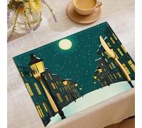 Vue Nocturne De Ville Lune Lumières De Rue Lot de 6 Sets de Table Coton et Lin pour Table à Manger, Cuisine, Mariage, Usage Quotidien, dîners, fêtes de Thanksgiving, (30cm x 45cm)