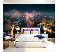 Vue Nocturne Papier Panoramique Mural Paysage fluvial de la ville Papier Peint Intissé Poster Tableaux Muraux Tapisserie Photo pour Salon Canapé TV Fond Décoration Murale 350 x 256 cm
