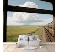 Vue Par Fenêtre Papier Peint Panoramique Enfant Paysage Par La Fenêtre Du Train D'époque Papier Peint 3D Intissé Photo Mural Moderne Poster Salon Chambre Mur de fond Décoration de Maison 300×210cm