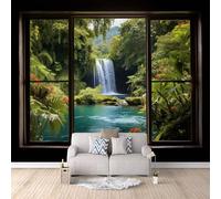 Vue Par Fenêtre Papier Peint Photo, Forêt Tropicale Humide Mat image Muraux Poster, épaissi Photo Murale pour Chambre Salon Chambre d'enfants Mur de fond TV Dortoir Décoration Murale 300 x 210 CM
