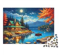 Vue sur Cabane au Bord du Lac Puzzle de 1000 Pièces pour Adultes Cabane au Bord du Lac par Nuit Étoilée Stimulant Premium Épais Robuste Vibrant Anti-Stress Décoration Familiale 52x38cm/1000pcs
