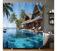 Vue sur La Mer Tropicale Rideau de Douche Imperméable 180x180 cm Hôtel chaumière 3D Imprimé, Tissu Polyester Anti-Moisissure avec 12 Crochets pour Salle de Bain