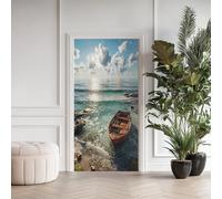 Vue sur la Mer Turquoise Effet 3D Sticker Porte, Bateau en Bois Papier Autocollant Porte Mural Décoration 95x215 cm, Océan Nature Stickers Muraux Amovible PVC