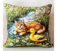 vue sur le jardin Broderie Point De Croix Kit Complet Coussin Pré Imprimé,Chat et canard au bord de la rivière,Canevas Broderie Point de Croix Kit 11CT Cross Stitch Loisirs Créatifs Set,18x18in