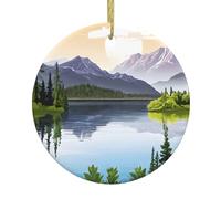 Vue sur le lac de montagne ensoleillée - Décoration de Noël en céramique avec ficelle dorée - Décoration de vacances ronde imprimée pour arbre, mariage, vente au détail.