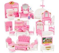Vugttuon Lot de 32 meubles pour maison de poupée, accessoires pour maison de poupée, miniatures, réaliste, chambre à coucher, salon, cuisine avec jouets pour garçons et filles