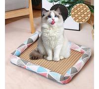 VUKHWX Tapis de refroidissement d'été pour animal de compagnie, tapis de lit en rotin naturel pour animaux de compagnie, nid d'été en lin tissé, respirant, carré, lavable avec bord pour chiens et