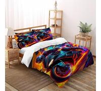 VulcanTrade Flamme Moto 3D Imprimé Respirable Set Couette 3 Pièces Fonction De Comble en Microfibre 2 Oreillers Zipper Closure Super King（260x220cm） pour Adultes, Femmes EtEnfants