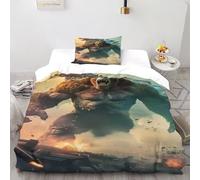 VulcanTrade Godzilla Kong 3D Imprimé Respirable Parure De Linge De Lit 2 Pièces Fonction en Microfibre De Polyester Oreillers Zipper Closure Single（135x200cm） pour Adultes, Femmes Et Enfants
