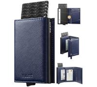 VULKIT Porte Cartes Anti Piratage RFID Portefeuille en Cuir Bifold avec Fermeture Éclair Porte Carte de Credit Bancaire pour Billets et Monnaie Homme - Marine Croisé