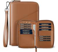 VULKIT Porte-passeport en cuir - Organisateur de documents de voyage familial avec blocage RFID - Portefeuille de voyage mince avec plusieurs compartiments, compartiment pour carte SIM, marron, No
