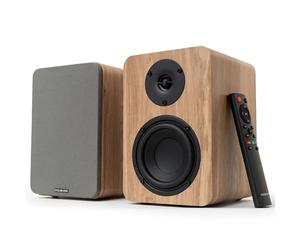 VULKKANO A4 Arc MKII Enceintes Actives de Bibliothèque avec Woofer 4", Bluetooth 5.0, HDMI Arc, Optique, RCA, USB, Sortie Subwoofer, Moniteurs de Studio au Design Élégant, Marron.