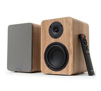 VULKKANO A4 Arc MKII Enceintes Bibliothèque Bluetooth HDMI Arc | Woofer 4", 50W, télécommande incluse, Bluetooth 5.0, HDMI ARC, Optique, RCA, USB, sortie caisson de basses, finition bois