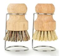 Vunanvu Lot De 2 Brosses À Vaisselle Courtes en Bois avec Support en Bambou Poils Naturels en Sisal Naturel pour Champignons Poêles, Casseroles Et Champignons