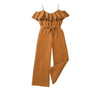 Vuncio Combinaison épaule Dénudée à Volants Enfant Fille Jambe Large Chic Elegante Salopette Habillée Ado Fille Ete Fluide Coton Et Lin Ample Pas Cher Casual Jumpsuit 7-12 Ans (11-12 ans, Jaune)