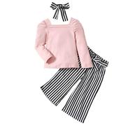 Vuncio Ensemble Enfant Fille 1-5 Ans Ensemble Fille Habillé Pantalon à Jambes Larges Fluide Et Haut à Manches Longues Col Carré Hiver Printemps (FR/ES, Âge, 1 an, 2 Ans, Taille Normale, Rose)