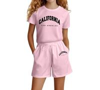 Vuncio Ensemble Enfant Fille été a la Mode Mignon Tee Shirt Manche Courte Et Short Taille Elastique Ample Vêtements Ado Fille Pas Cher Confortable Casual Jogging Vacances 4-14 Ans (9-10 ans, Rose)